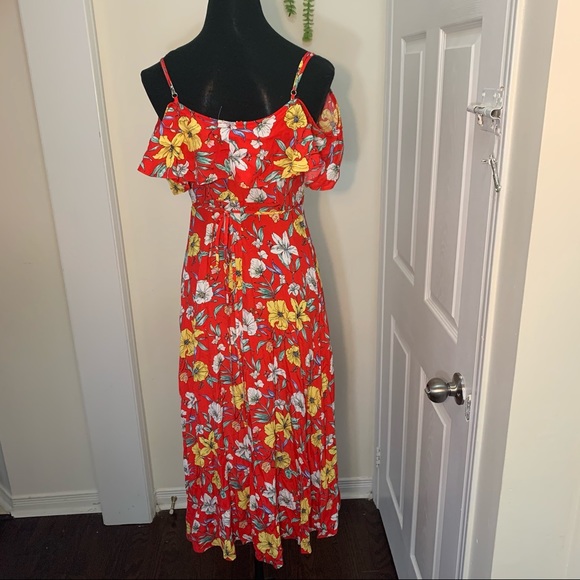 F21 Liberty Floral Flowy Cutout Shoulder Wrap Hi Low Dress - Picture 4 of 15
